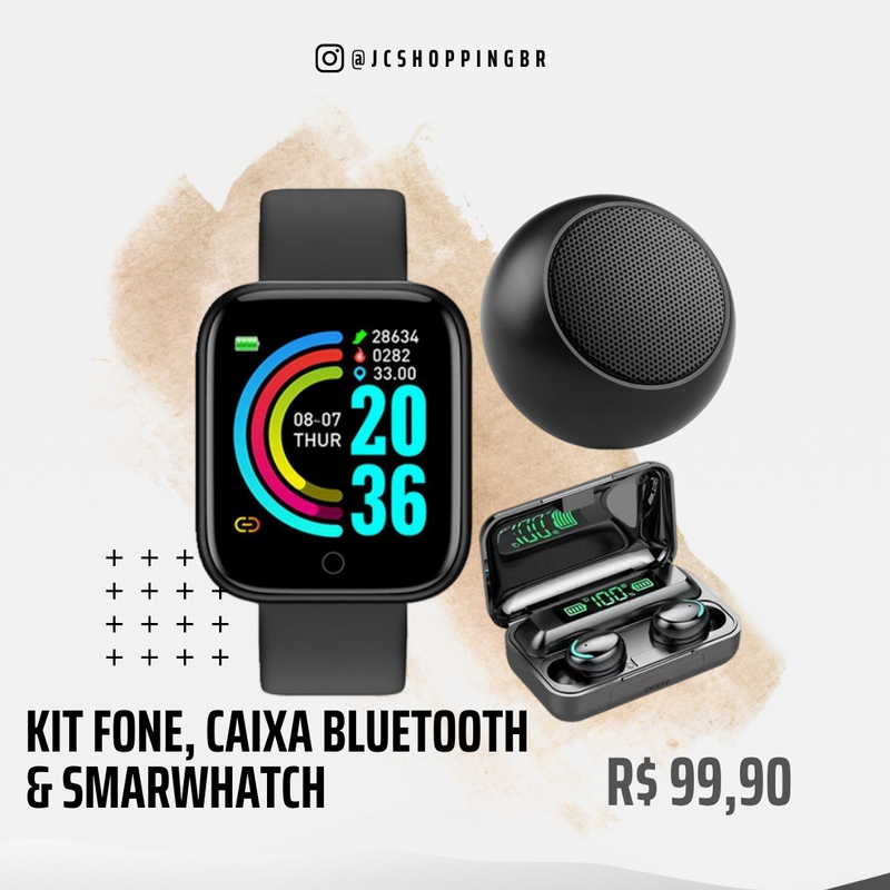 Relógio Smart + Caixa de Som + Fone Bluetooth